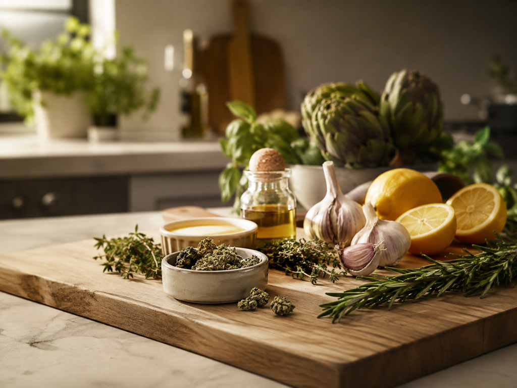Cannabis flower with herbs, garlic, lemon, and cooking oil on a kitchen cutting board