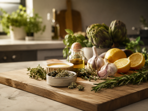 Cannabis flower with herbs, garlic, lemon, and cooking oil on a kitchen cutting board