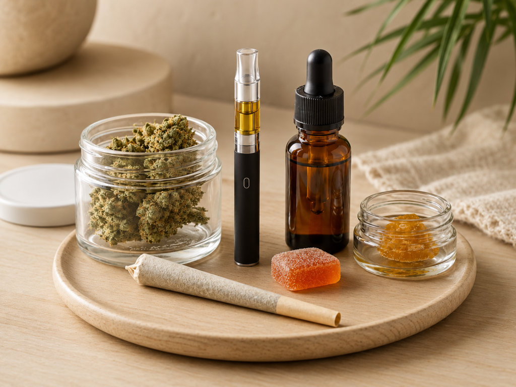 Cannabis flower, vape, tincture, concentrate, edible, and pre-roll arranged together